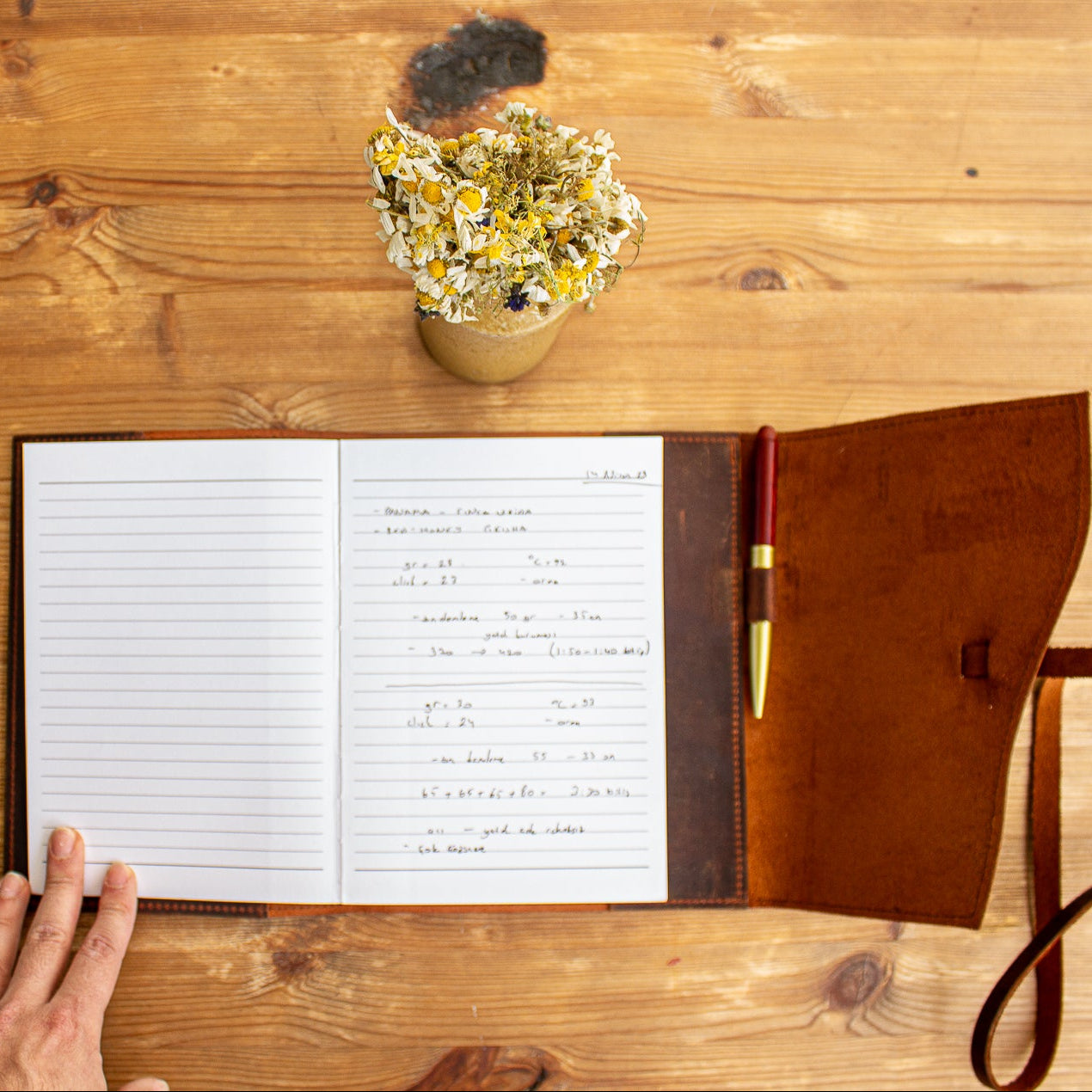 Open notebook on a wooden table with a hand, a small plant, and a cork coaster.